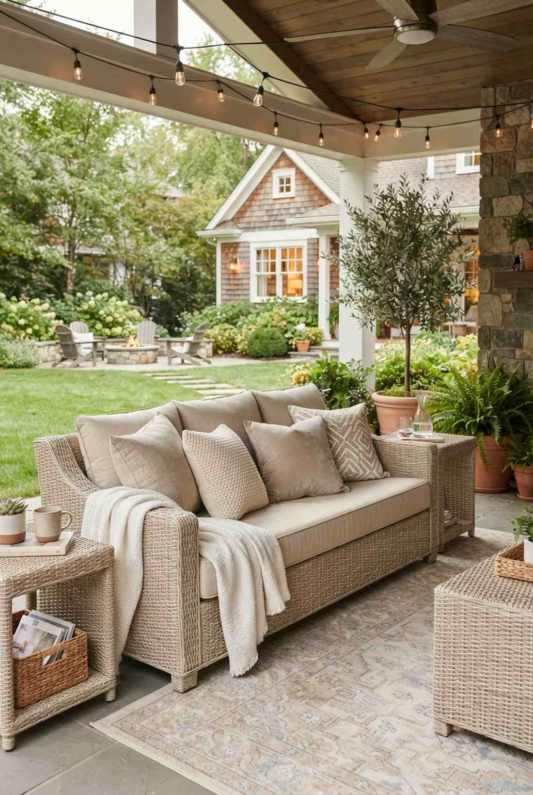 beige rattan loveseat with layered textures