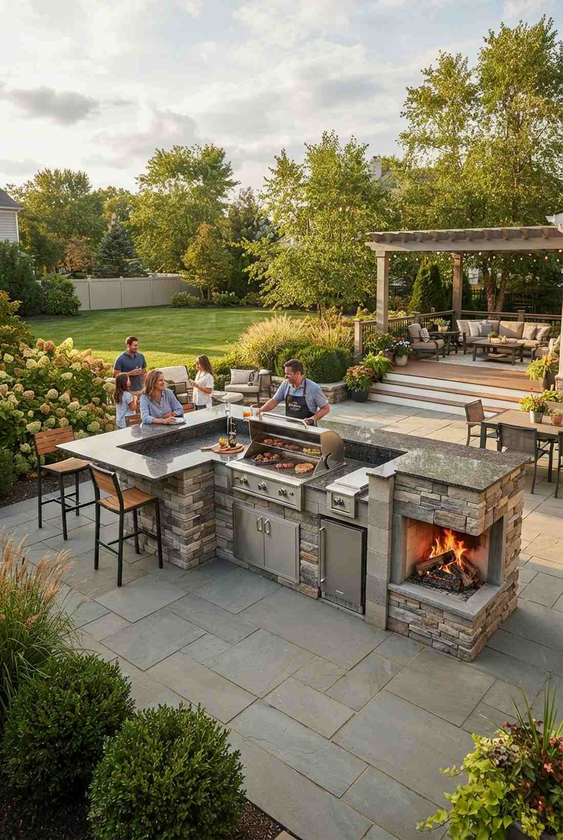 fireplace integrated into outdoor kitchen island