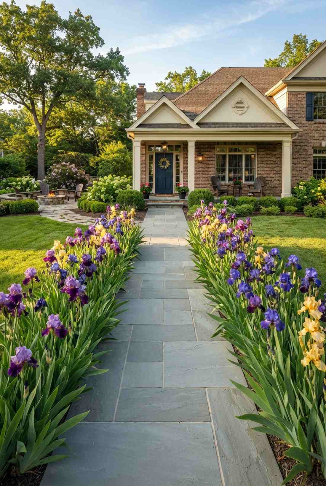 iris bordered formal stone path