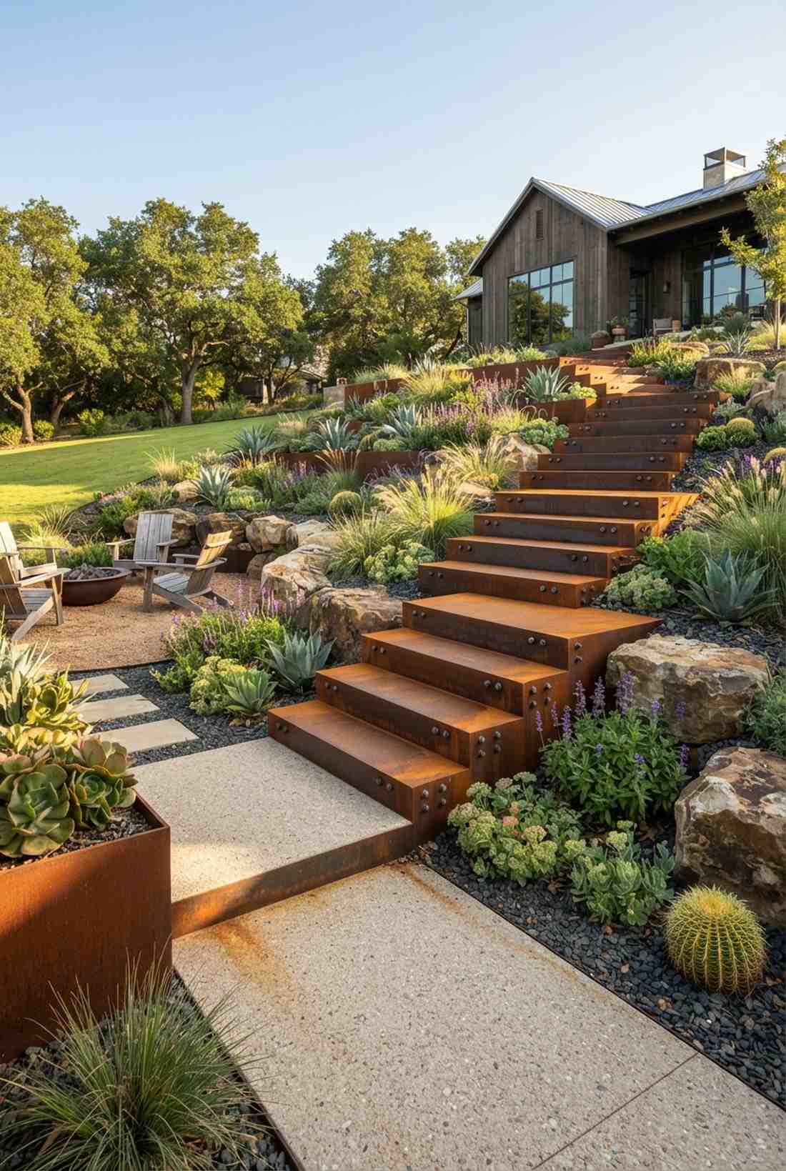 layered corten steel steps