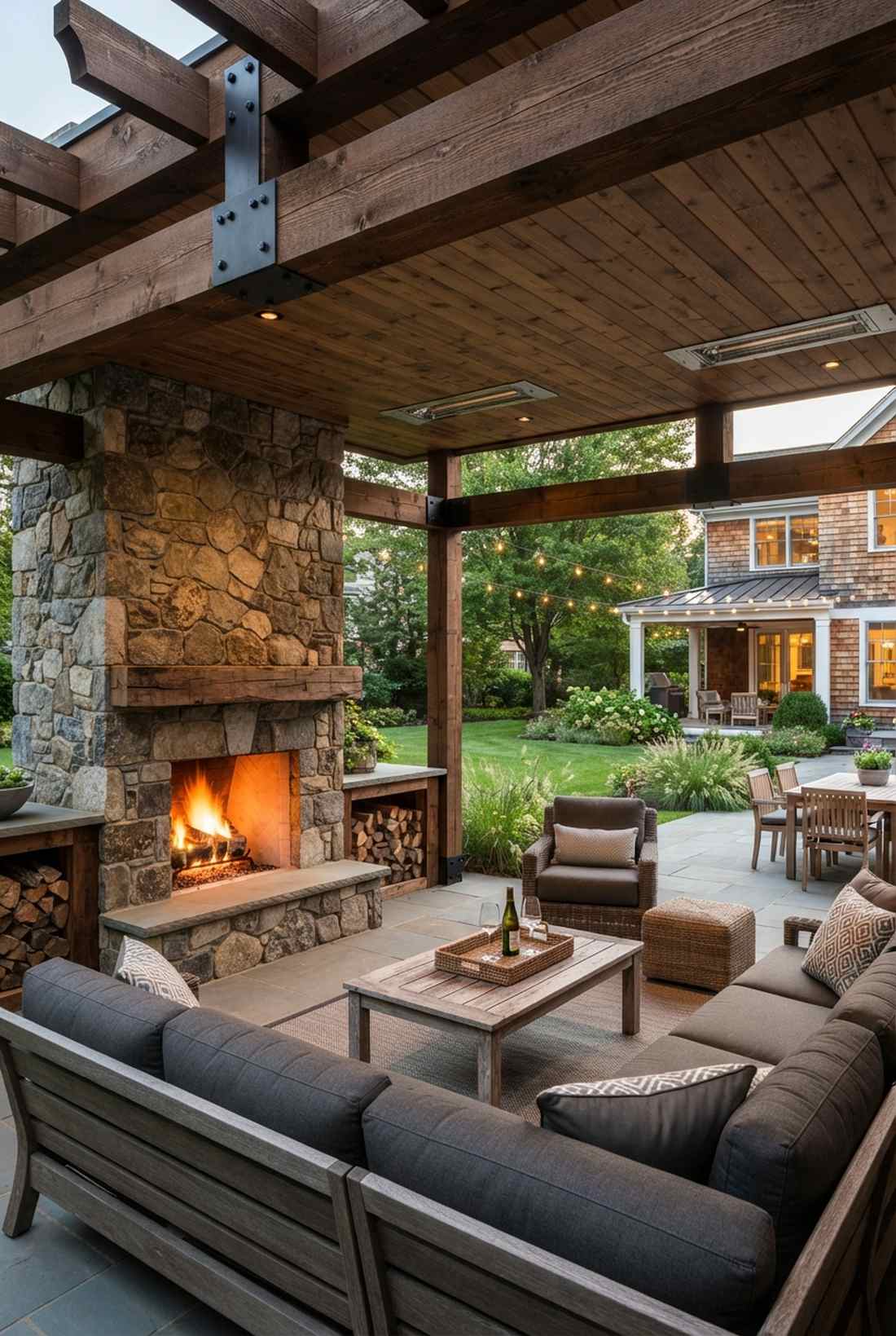 pergola integrated fireplace wall