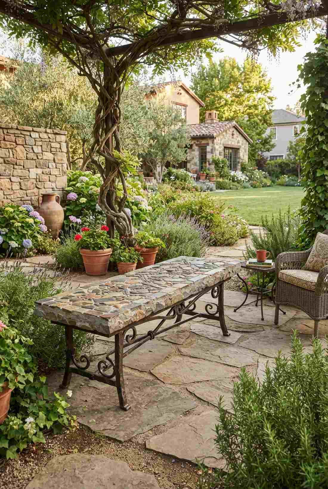 stone mosaic bench with iron supports
