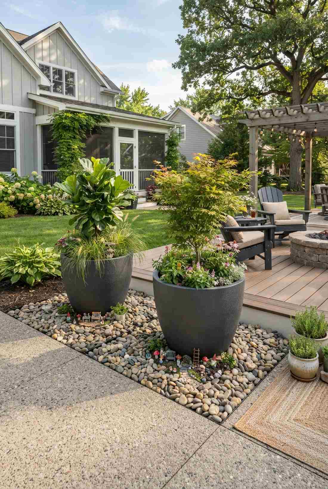 large planters with river rock bed