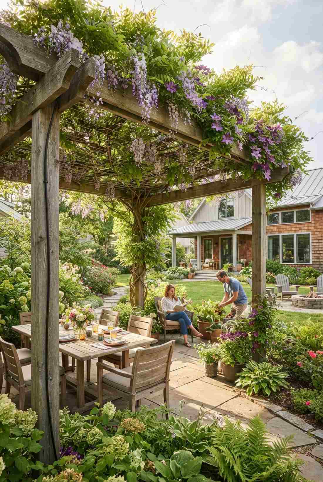 living roof pergola with climbing vines