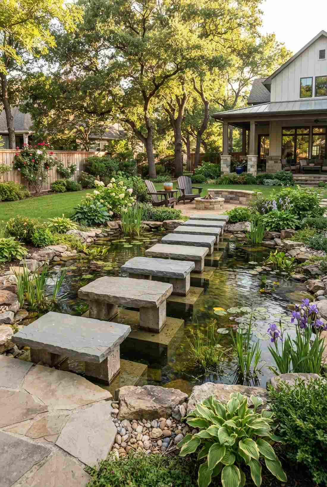 stepping stones across pond