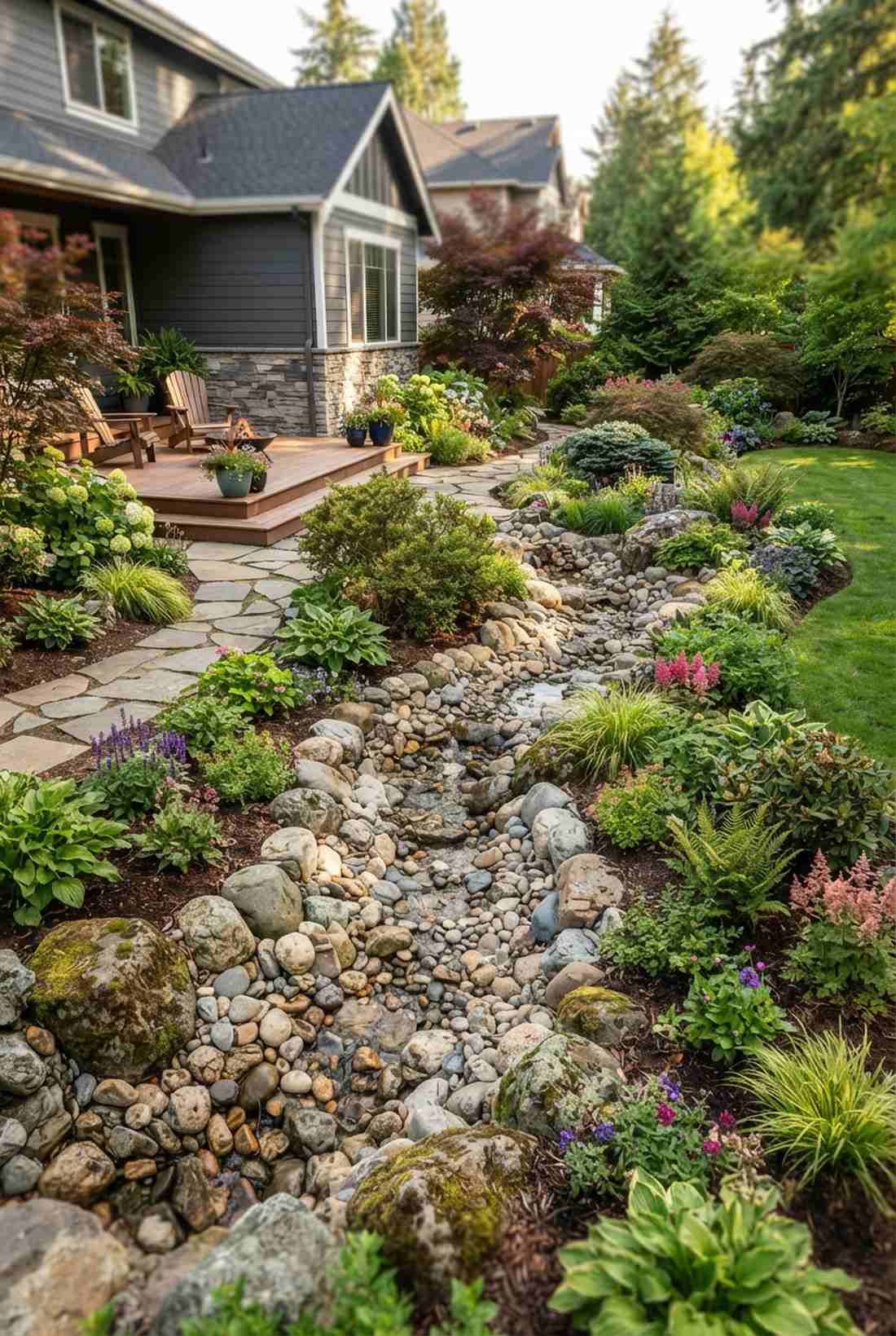 stone river through planted beds