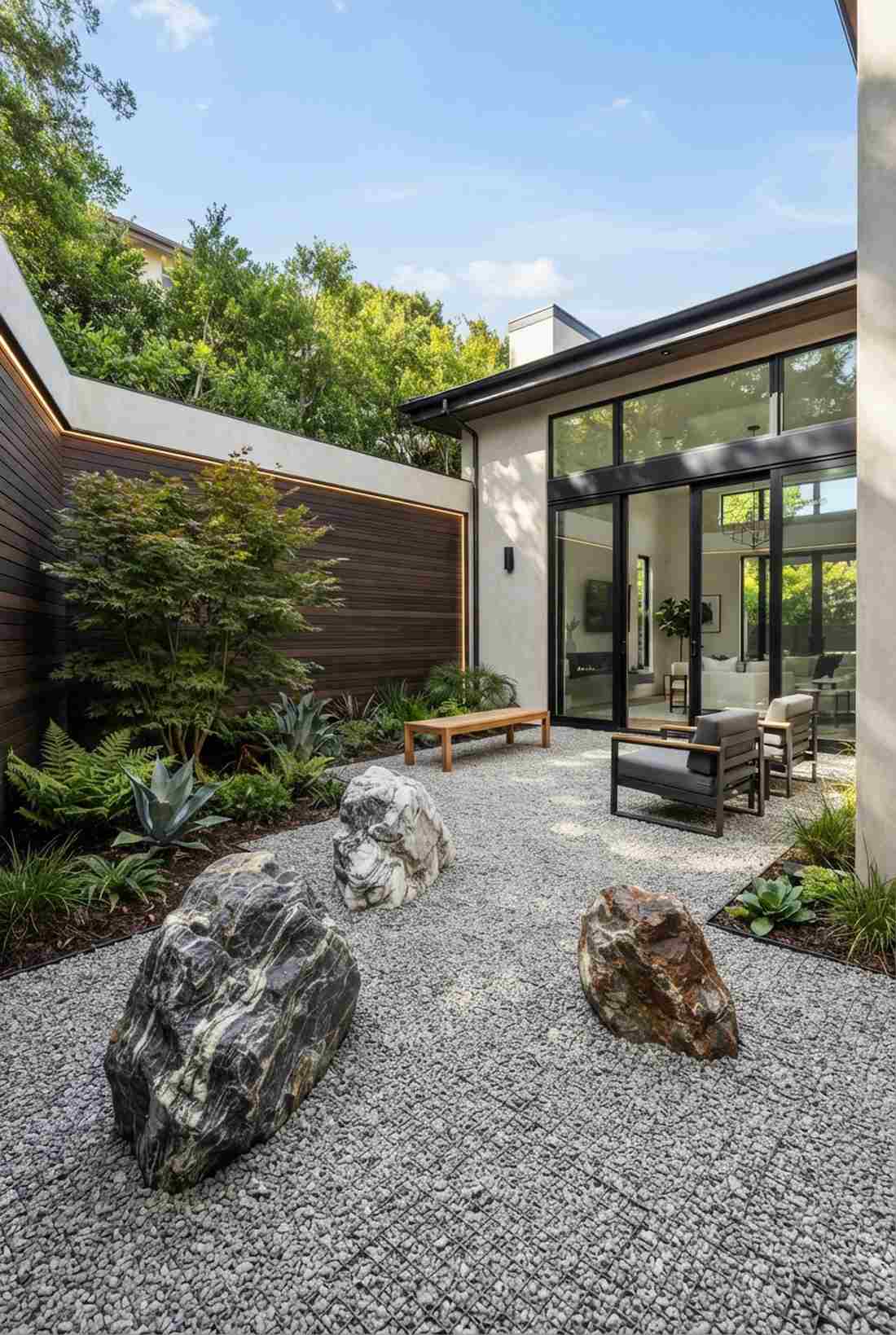 gravel courtyard with specimen stones