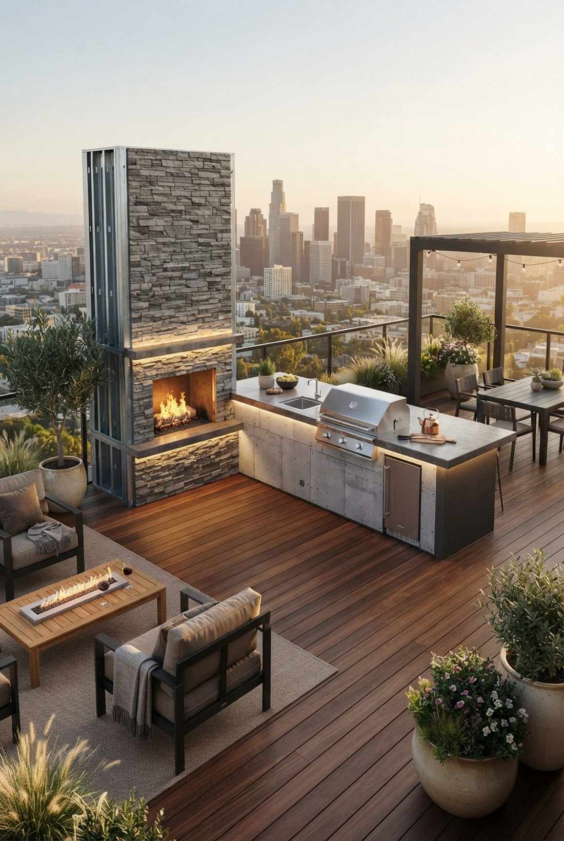 l shaped kitchen with fireplace focal wall