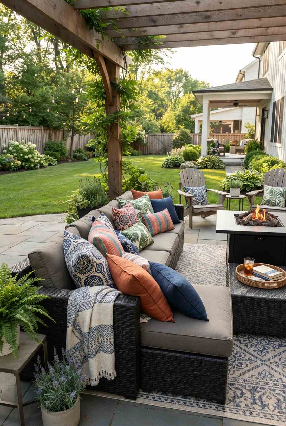layered outdoor cushions and pillows