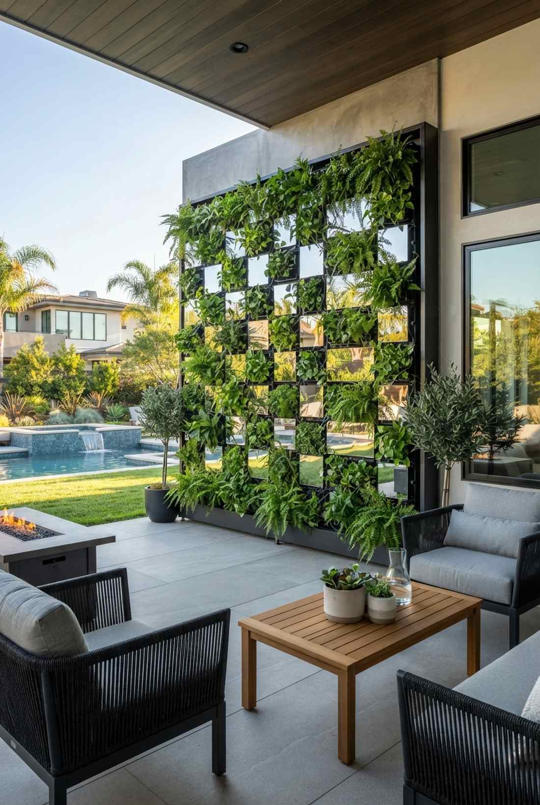living wall with geometric mirror inserts