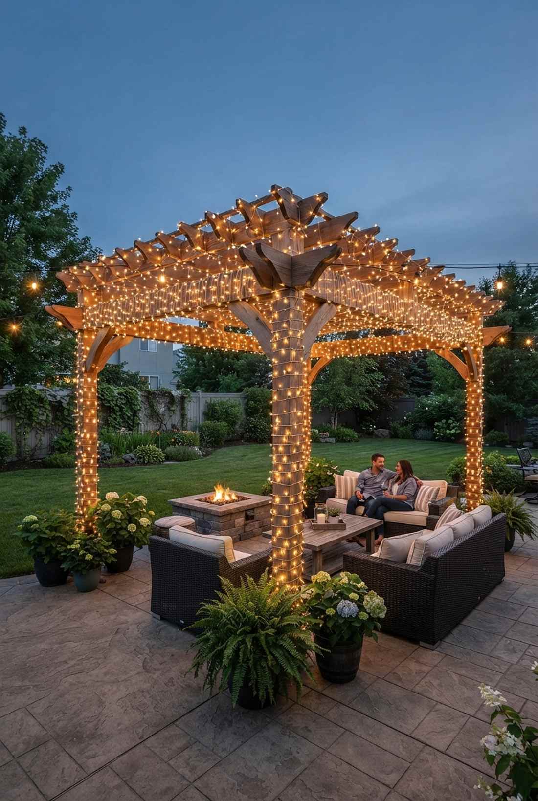 pergola draped fairy lights