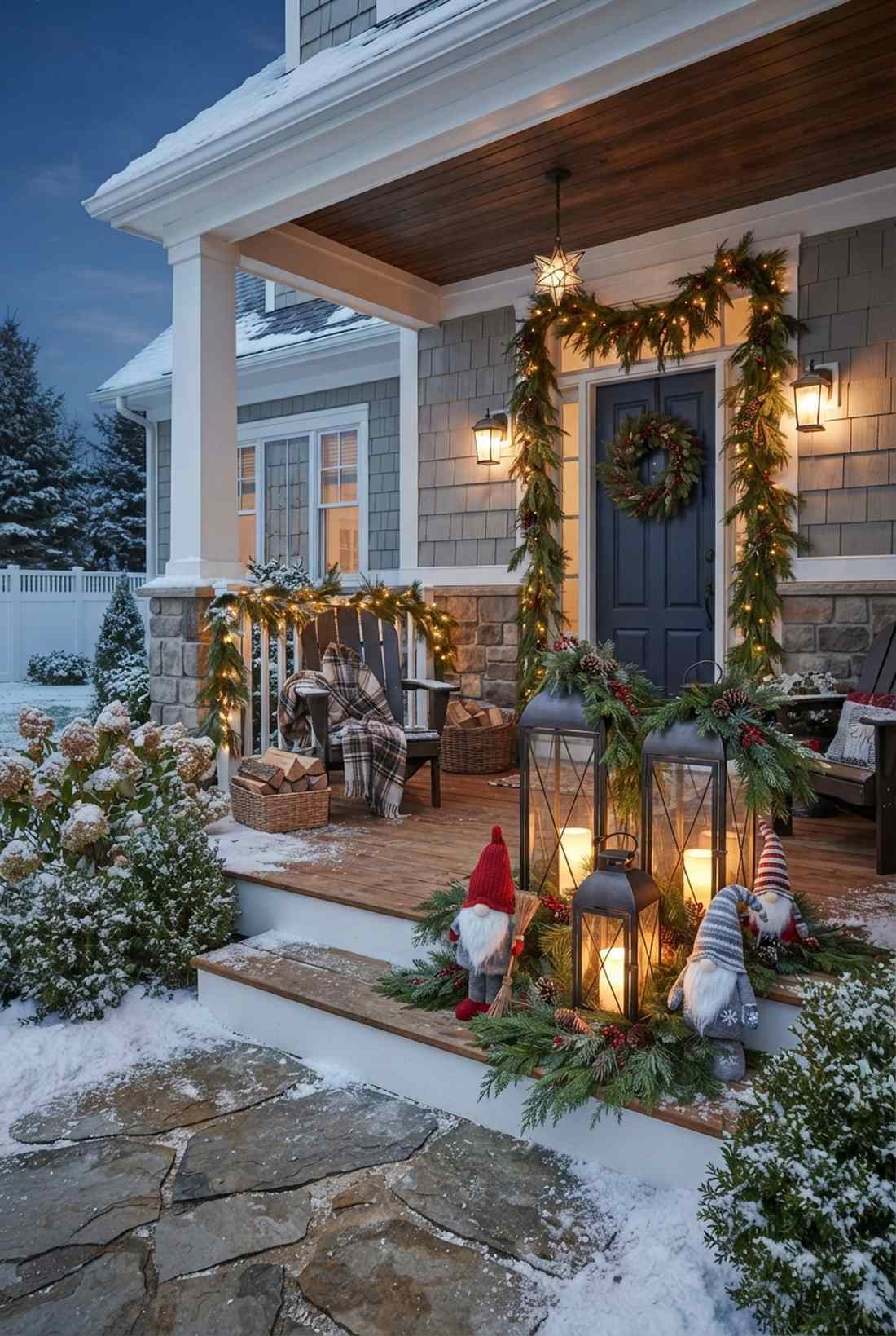 winter lantern and evergreen gnomes