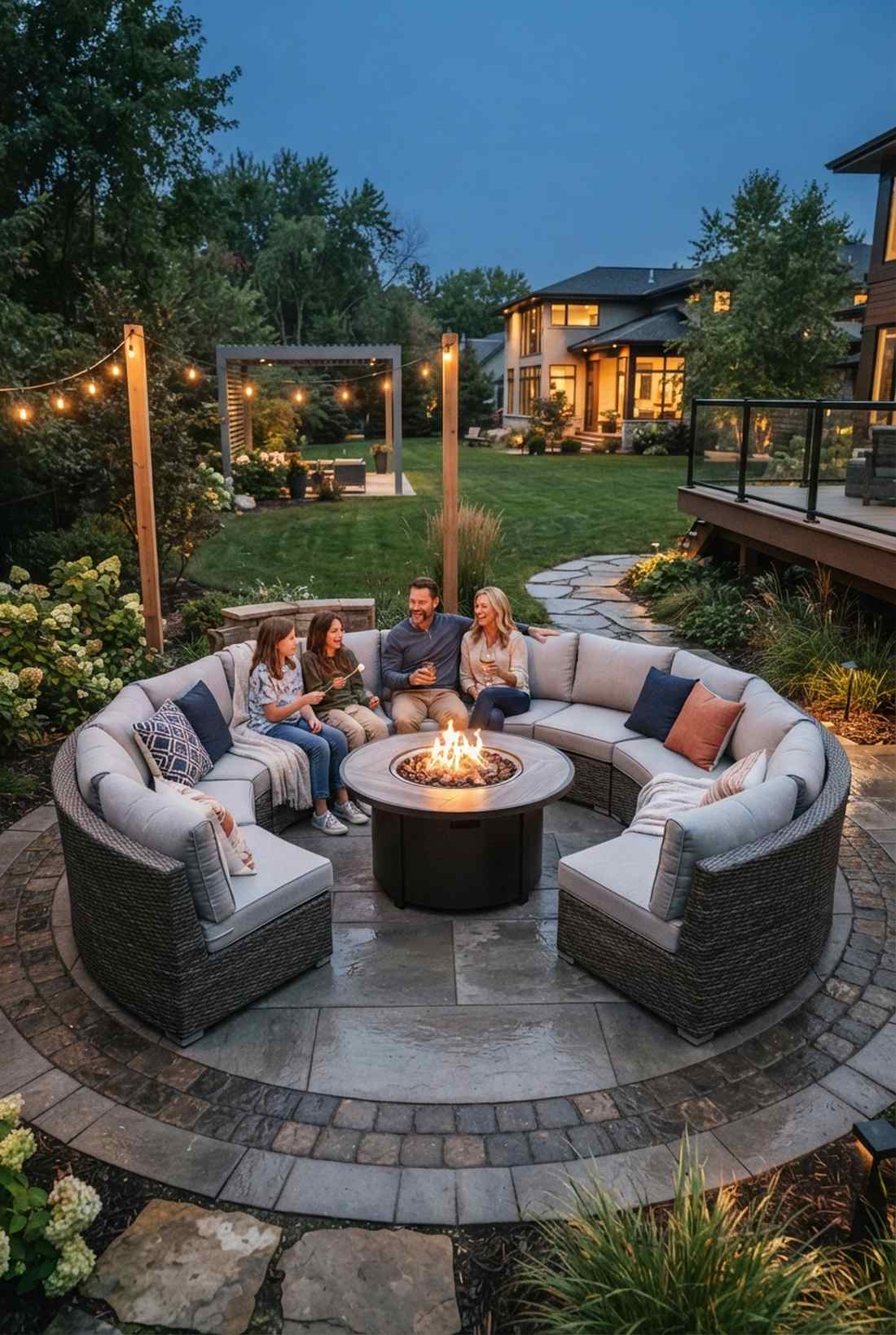 circular sectional around raised firepit