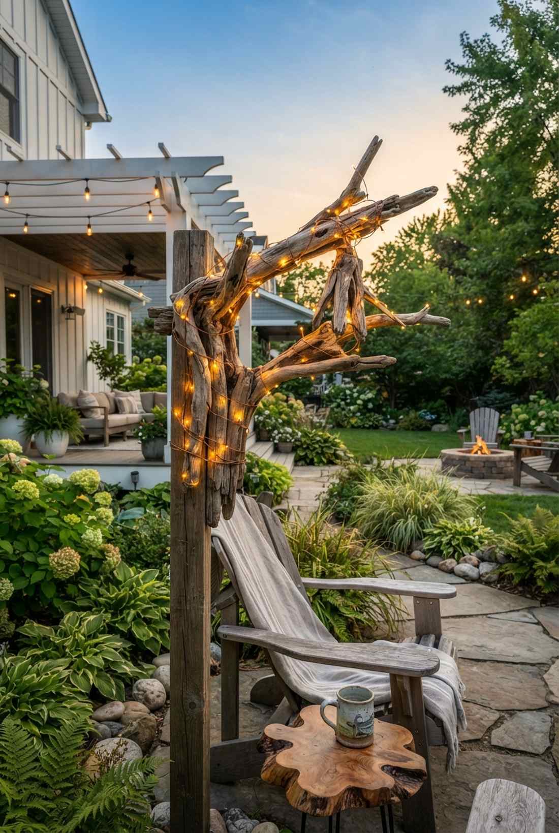 driftwood wrapped string lights