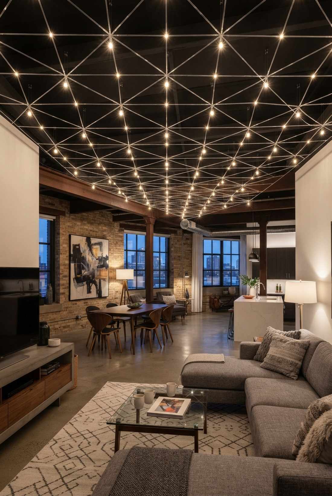 geometric grid ceiling pattern