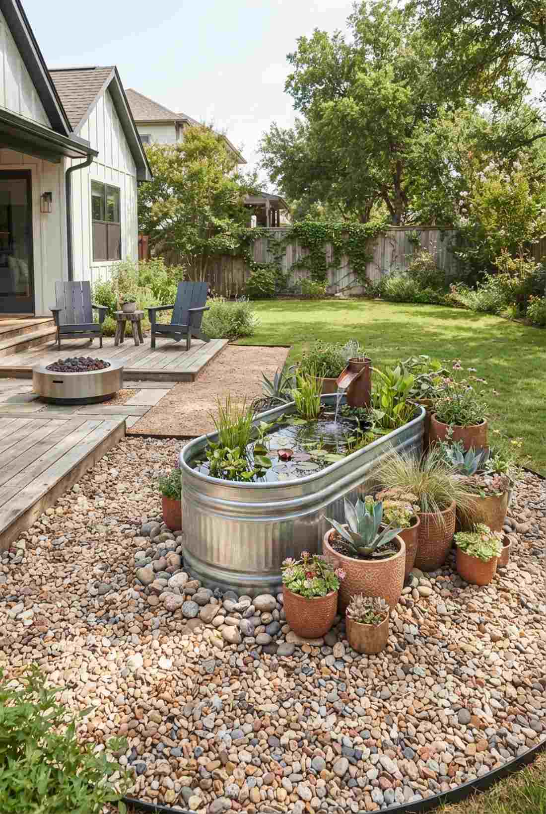gravel oasis stock tank with potted perennials