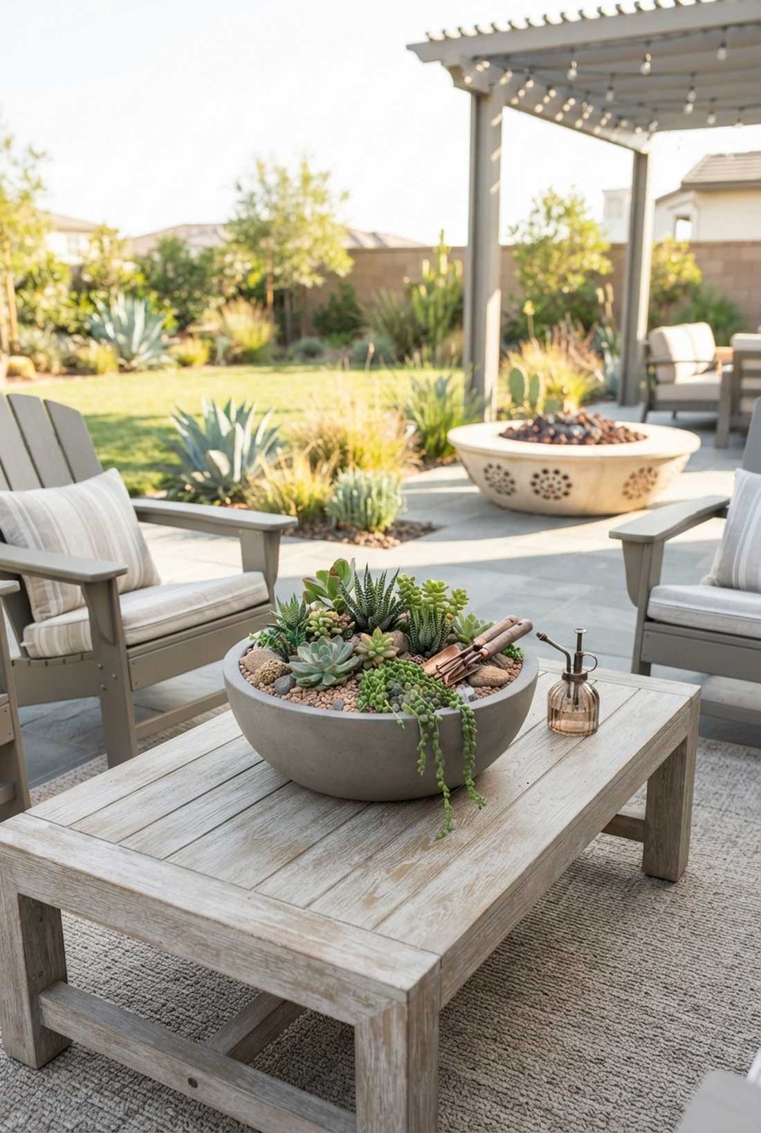 miniature desert vignette in concrete bowl