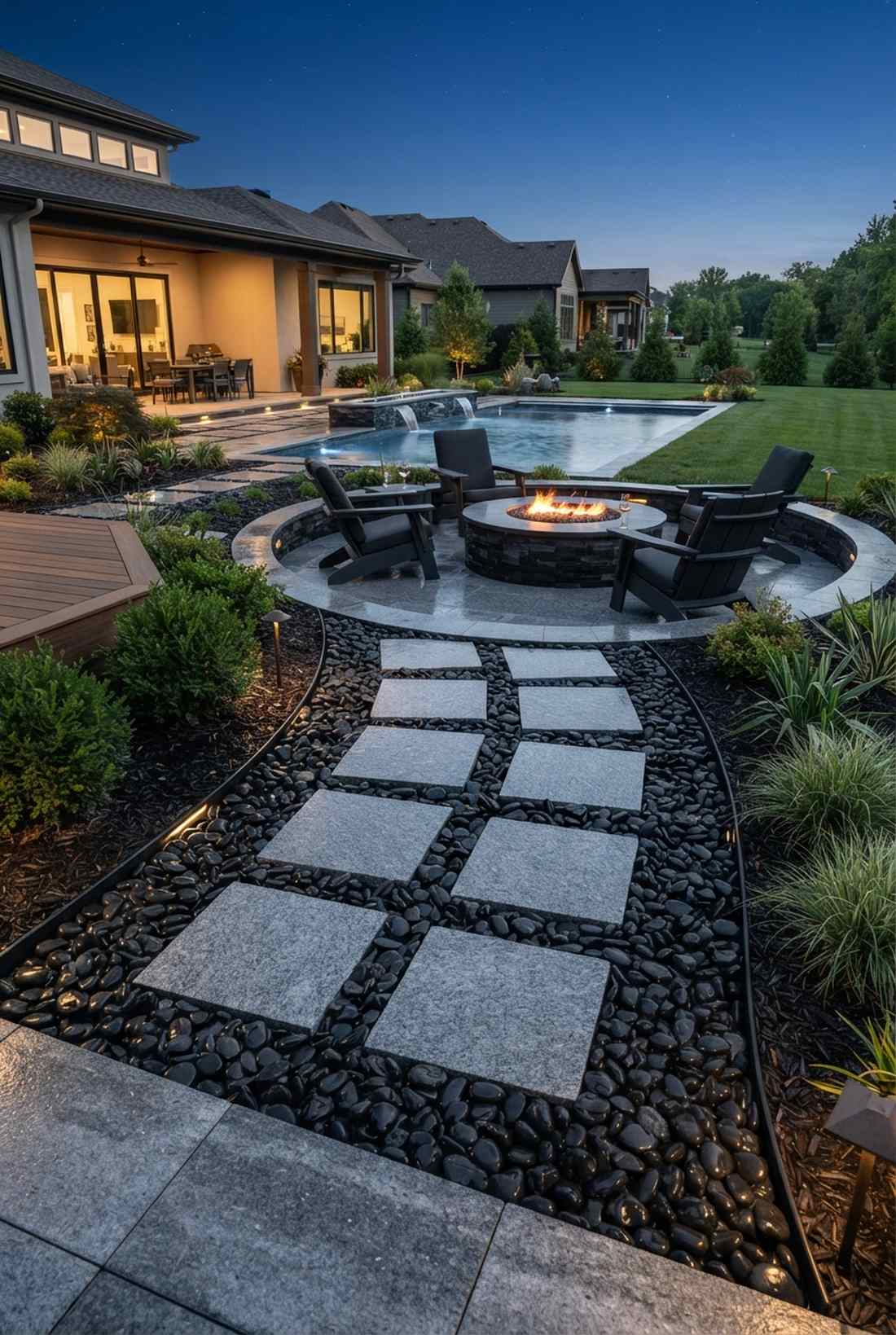 polished black river rock bed with granite steps