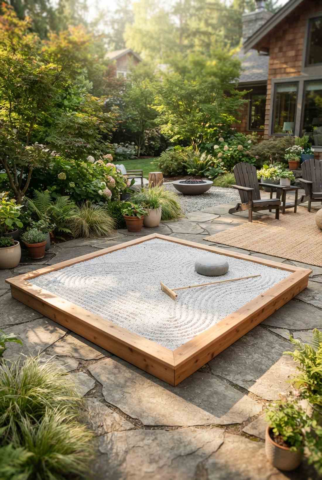 raked gravel meditation platform