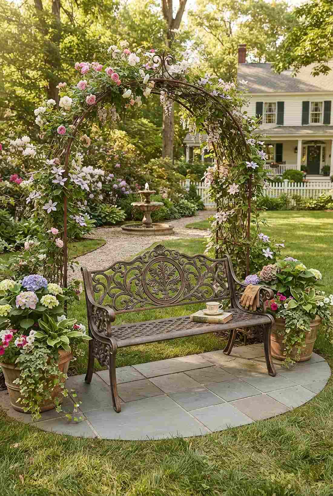 scrollwork garden benches with central medallion