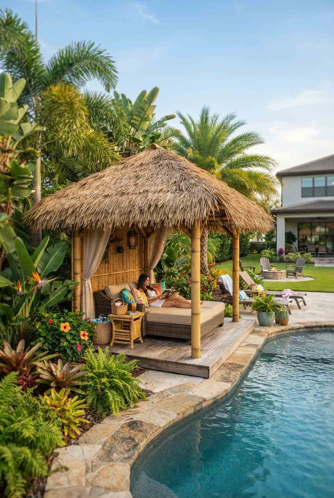 tropical thatched roof cabanas