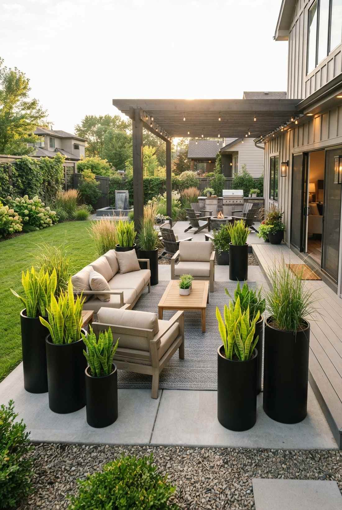 beige with black planters for modern contrast