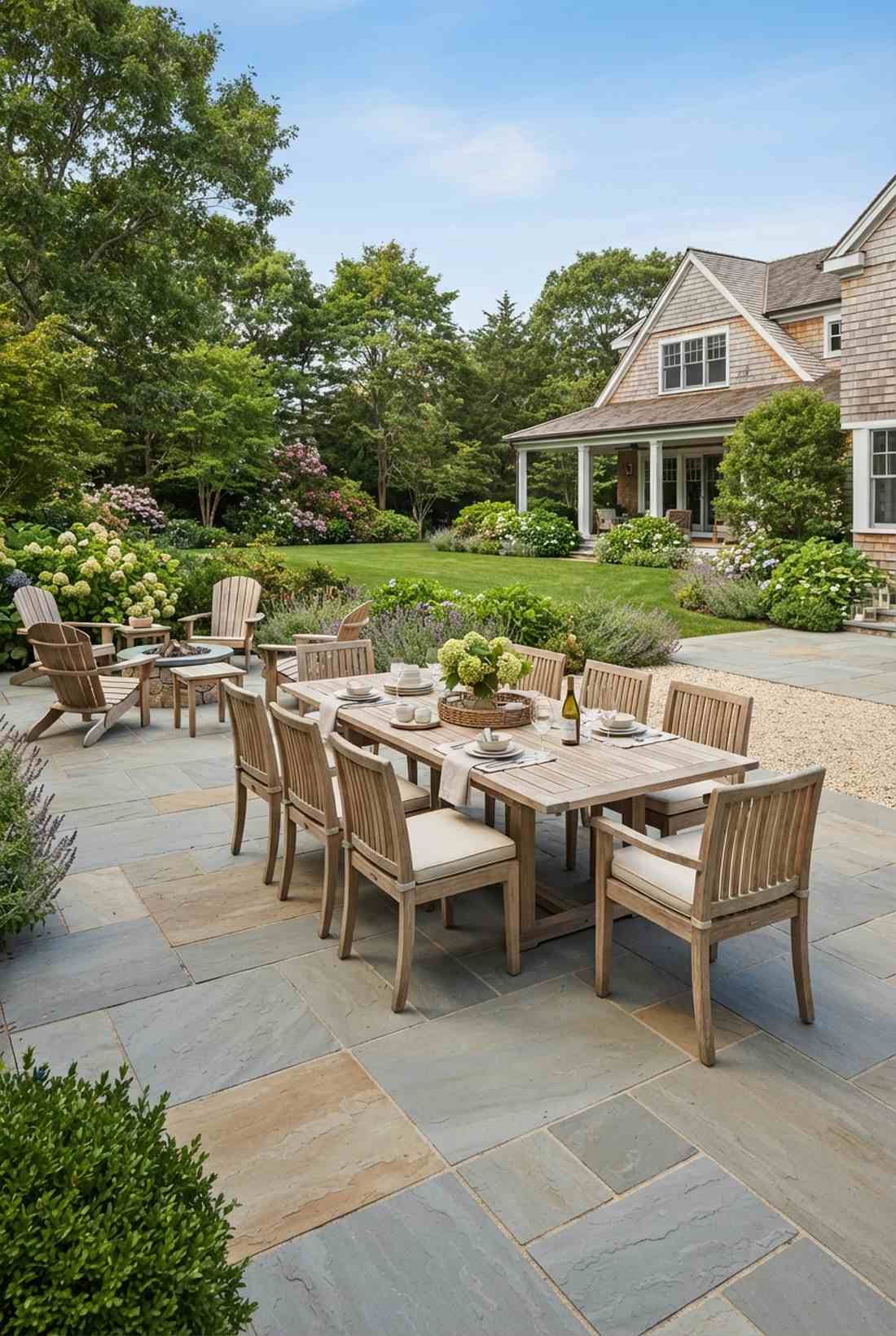 bluestone pavers with teak furniture