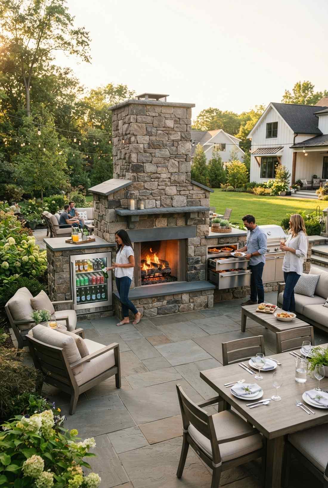 fireplace with warming drawers and beverage cooler