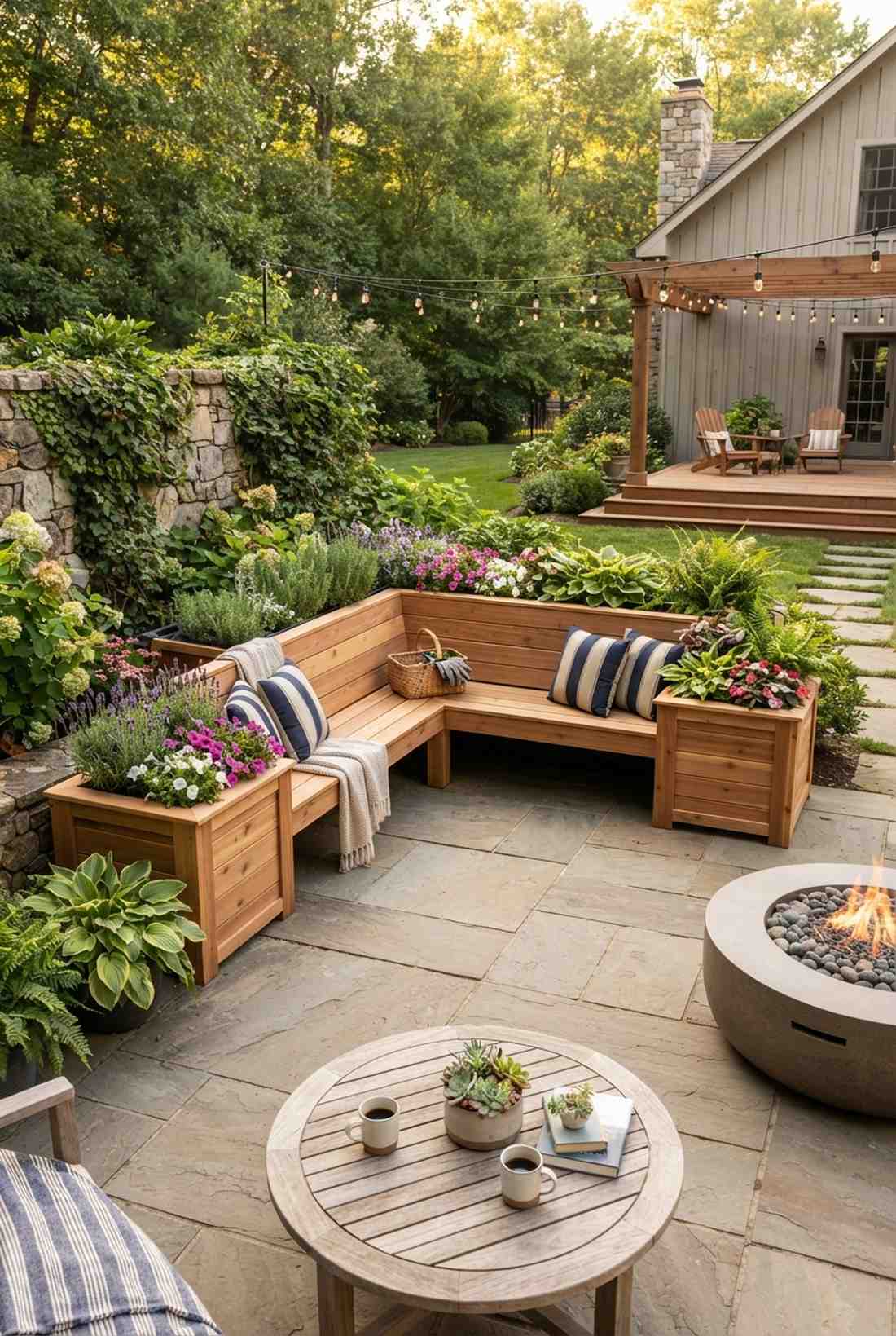 l shaped corner bench with planters