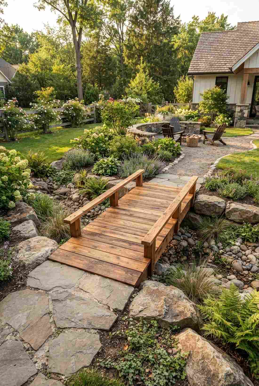 low wooden bridge with stone approaches