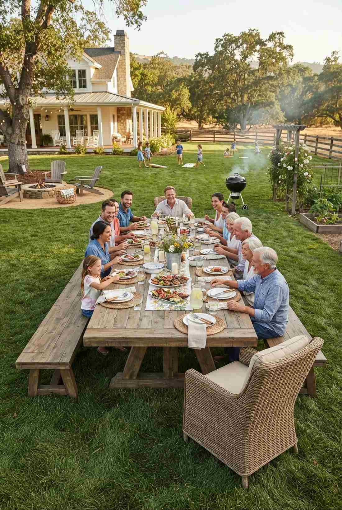 farmhouse style long table with benches