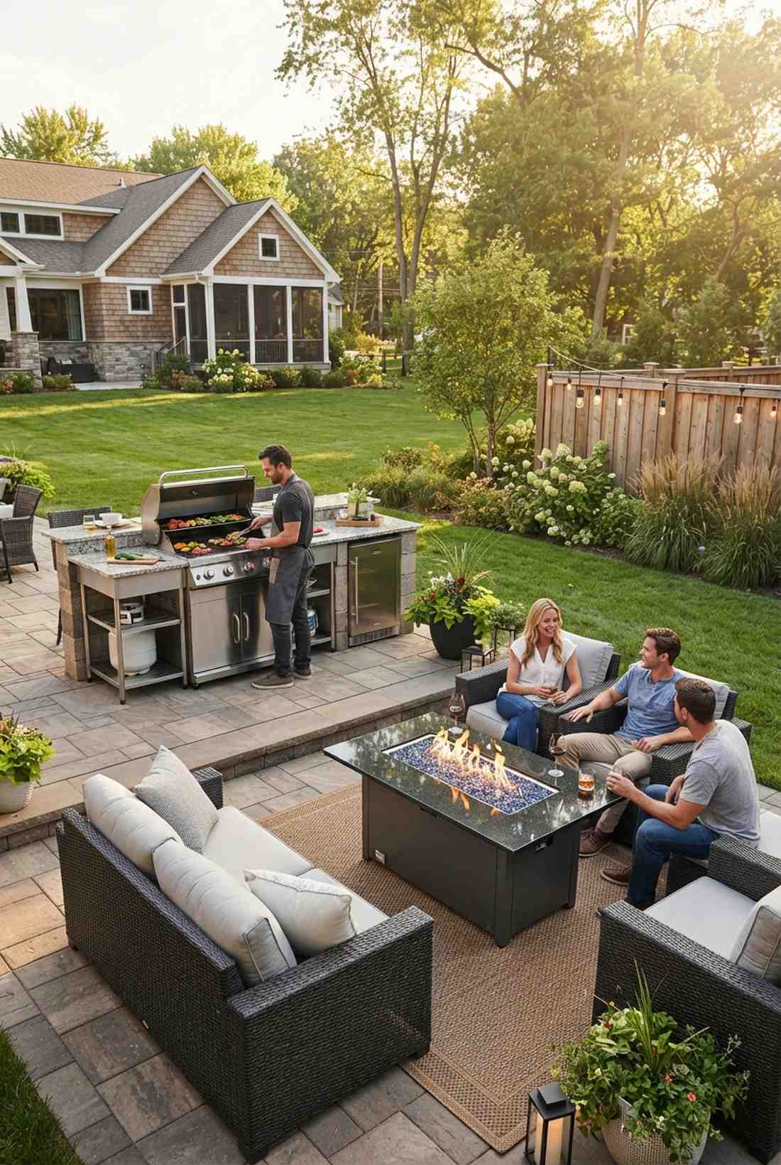 grill station with adjacent fire table