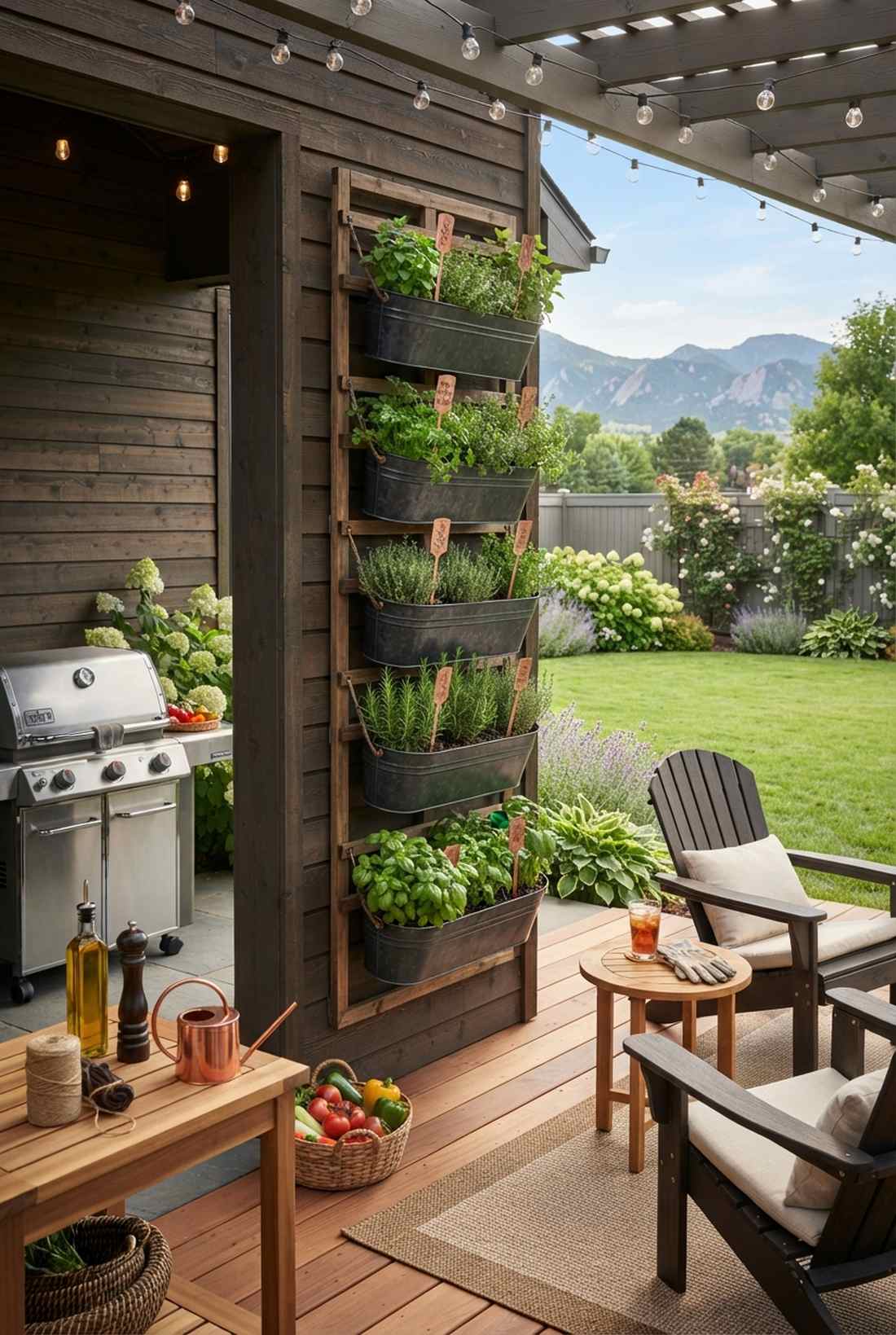 vertical herb garden with label plaques