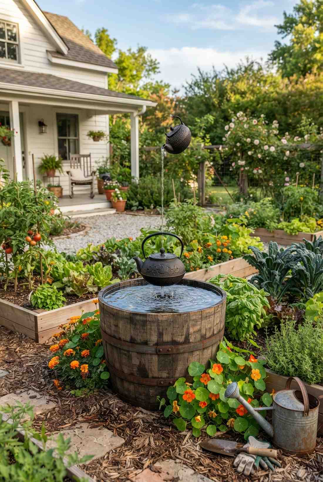 whiskey barrel teapot fountain