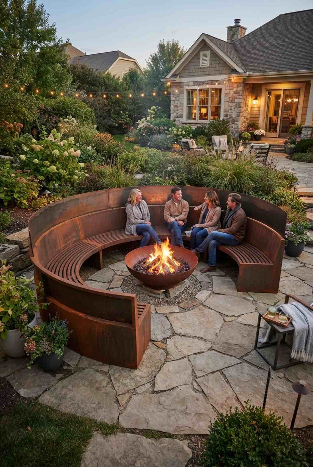crescent bench with central fire feature