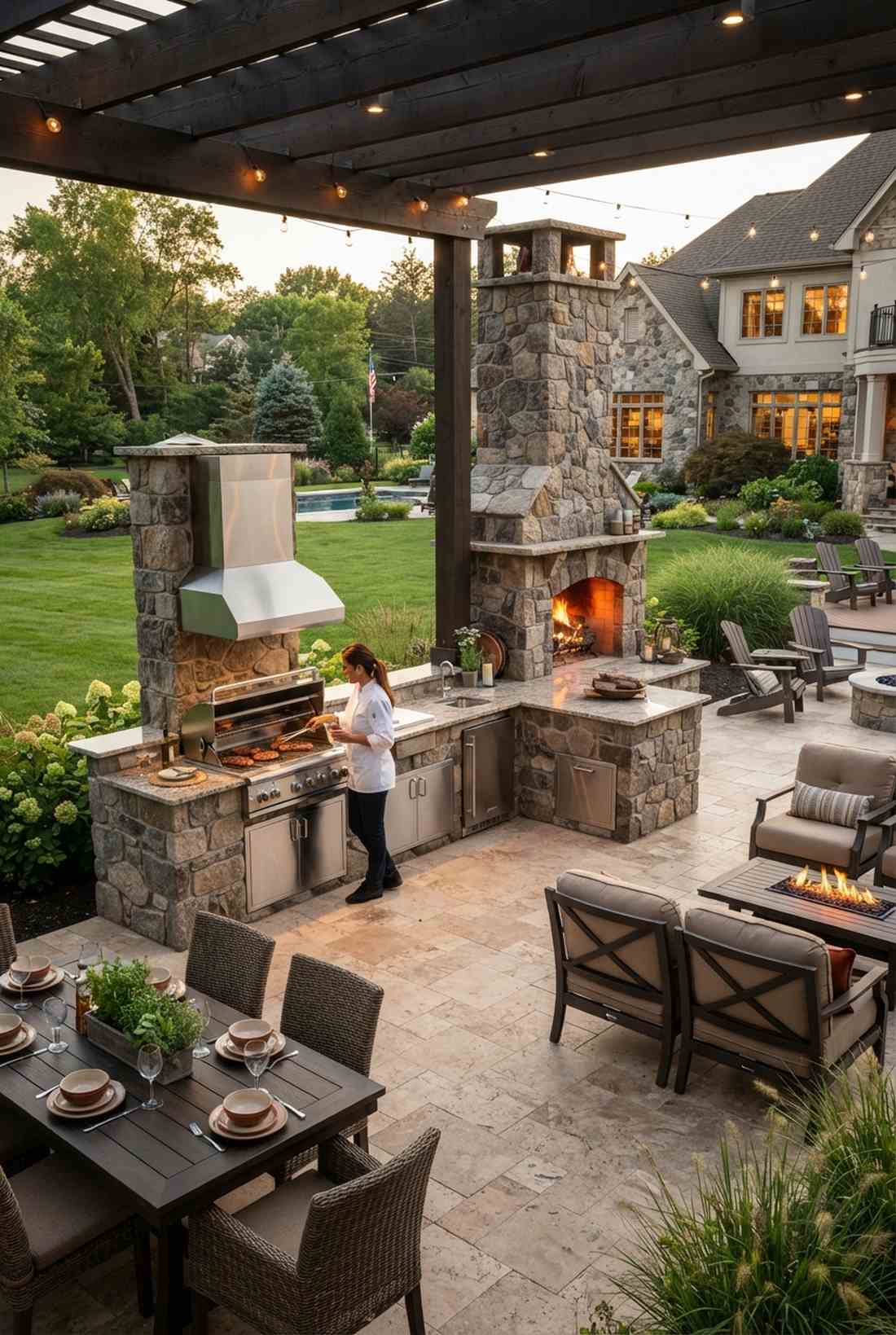 outdoor kitchen with fireplace