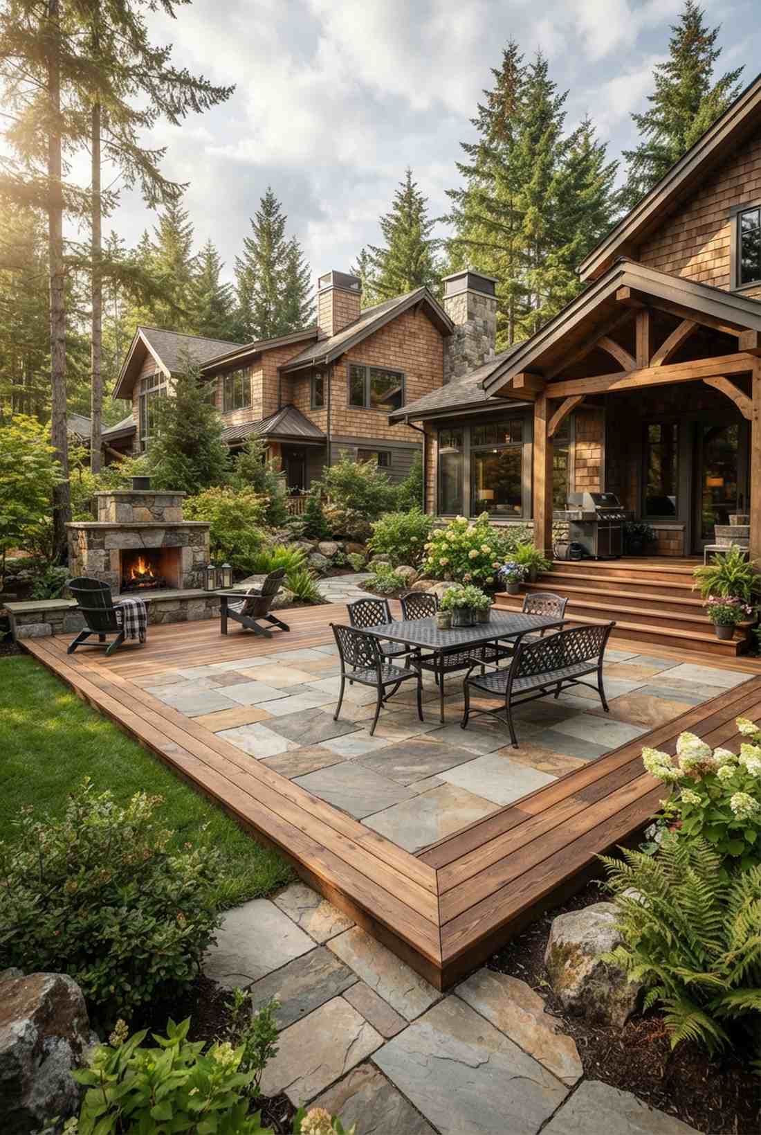 wood deck stone patio combination