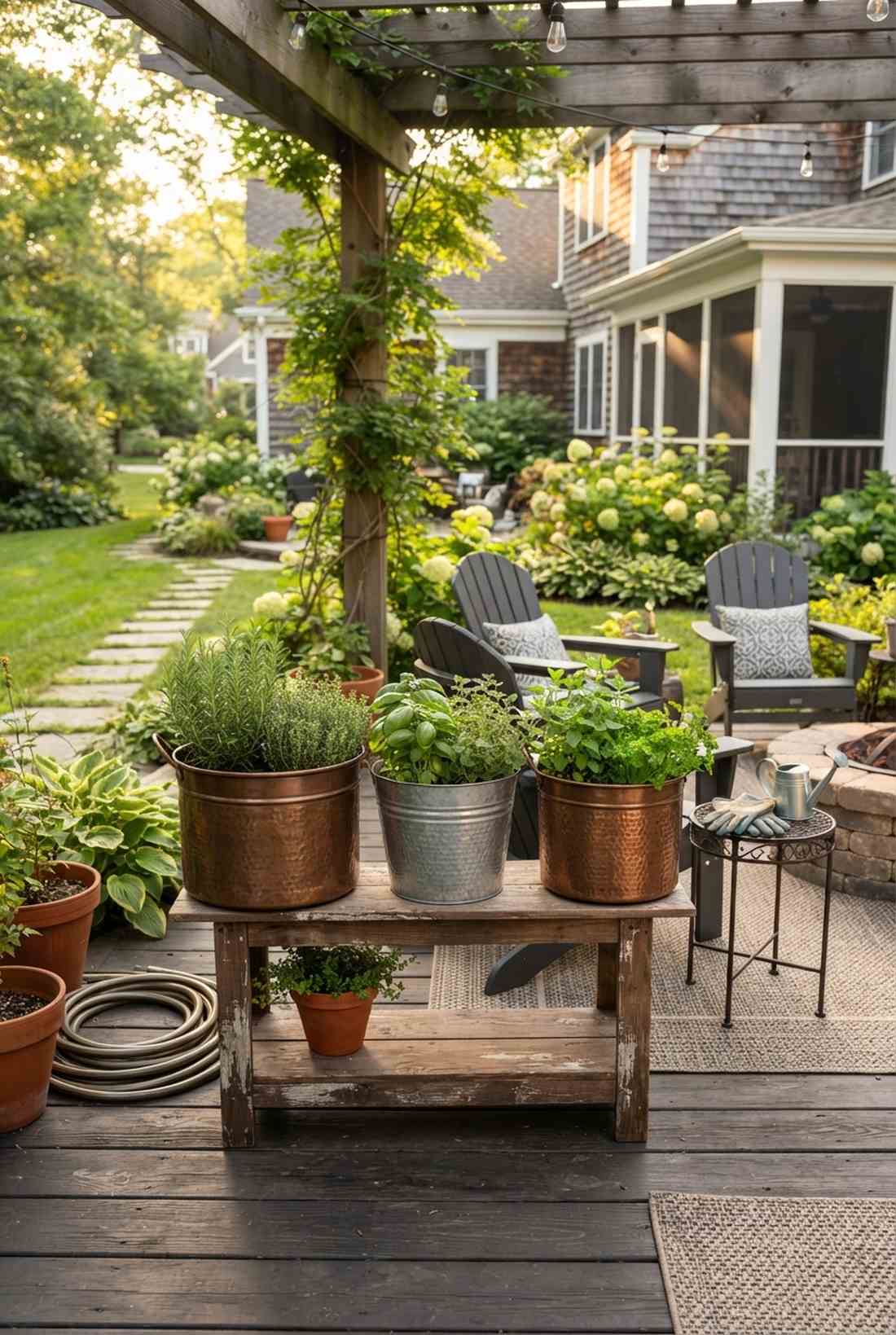 copper and metal accent pots