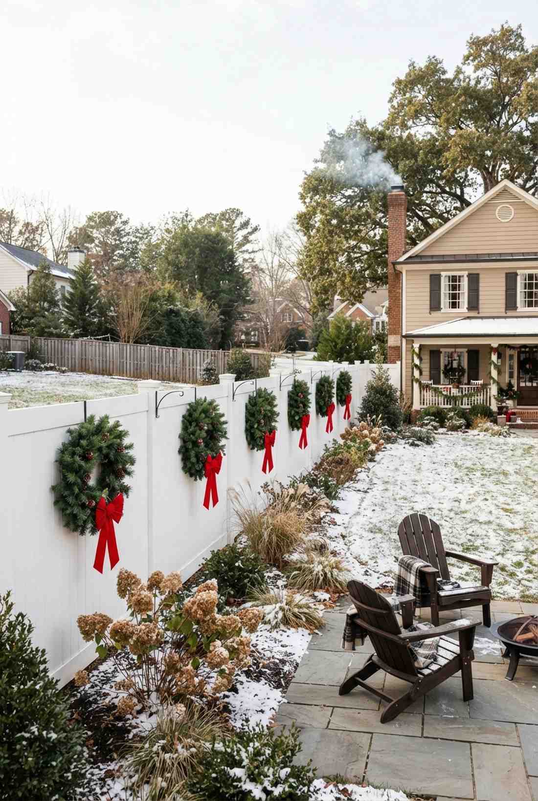 evergreen wreath fence display