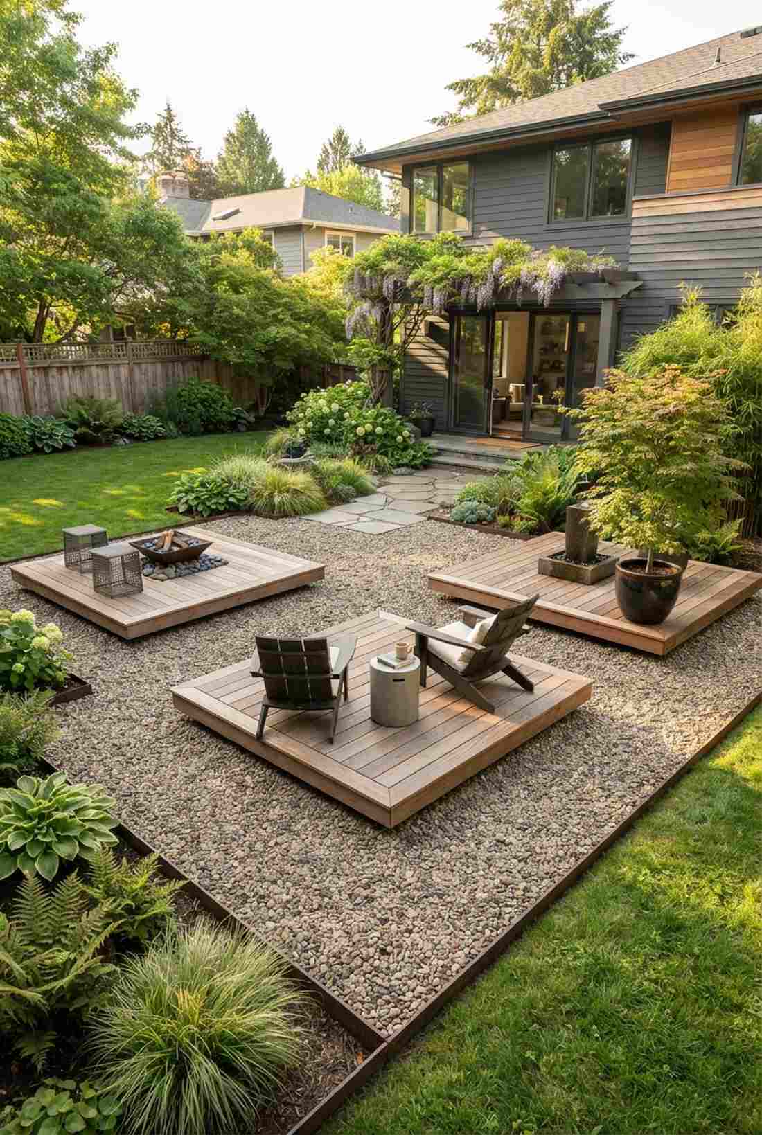 gravel patio with deck islands