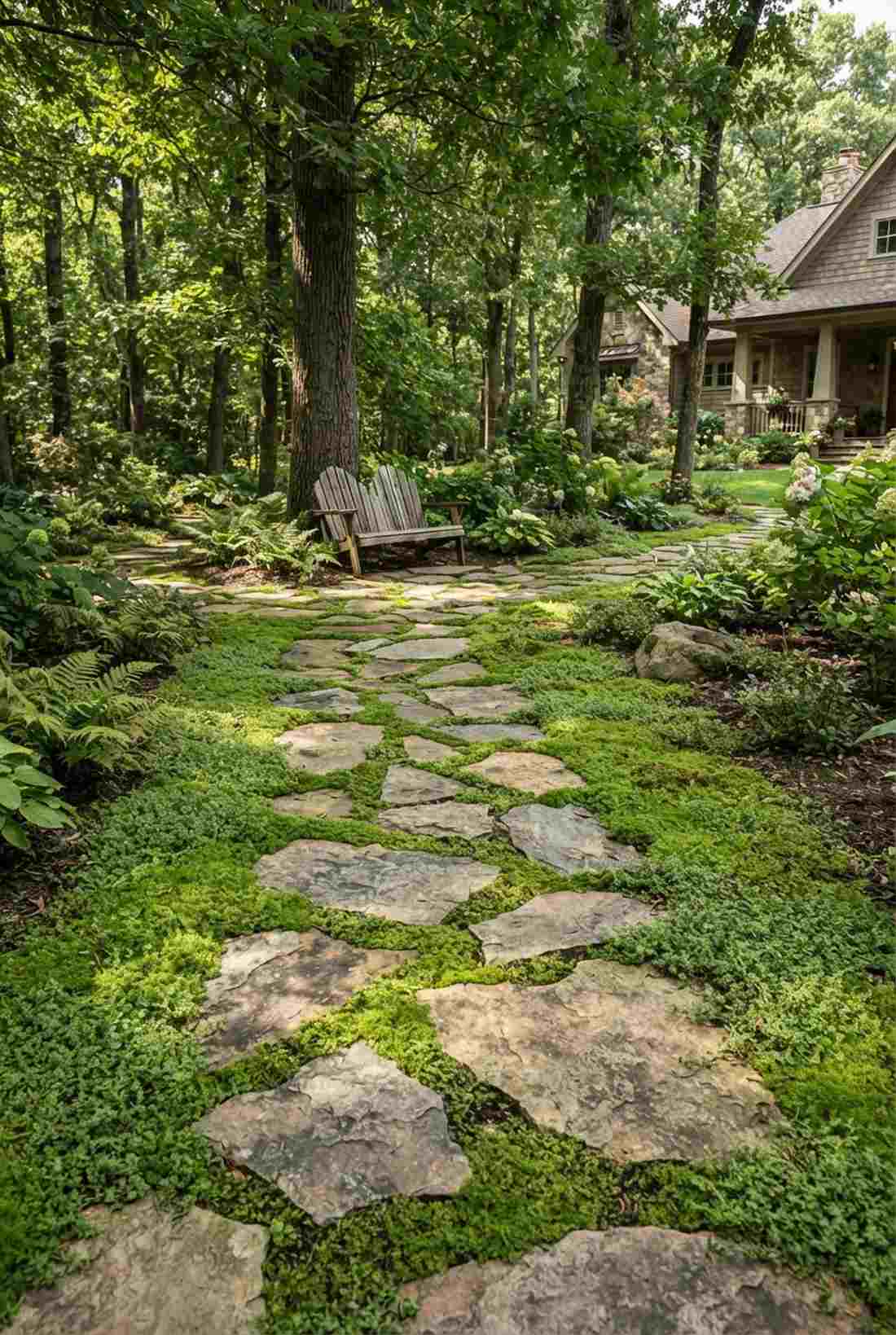 irregular stepping stones in moss