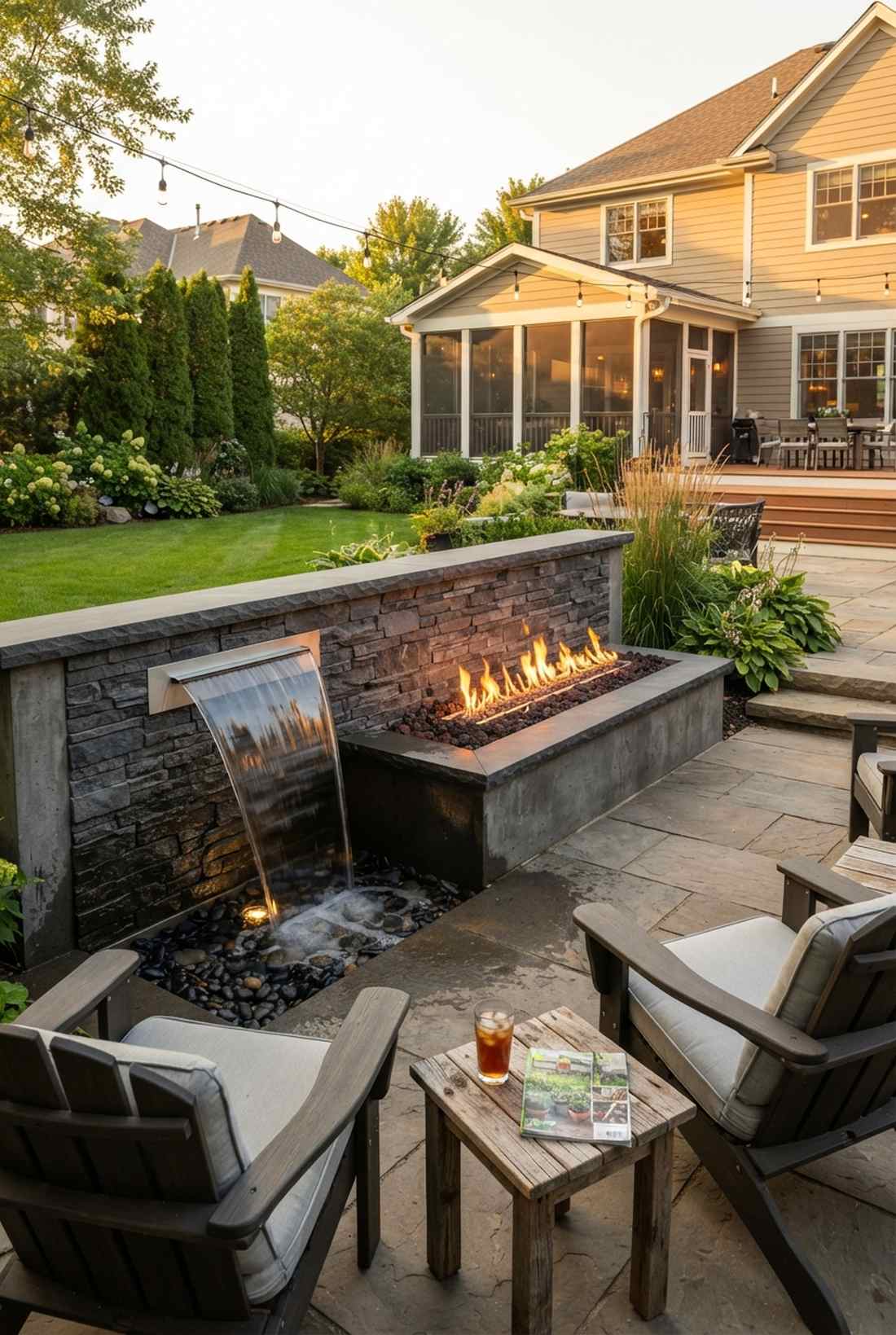 waterfall and fireplace combination feature