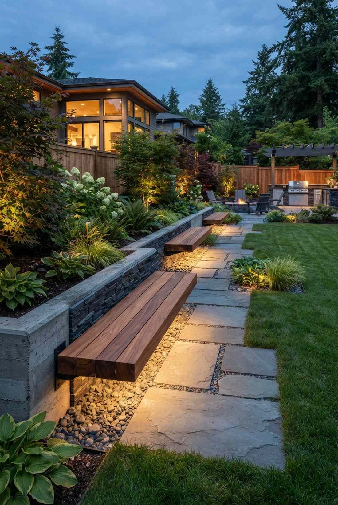 floating teak slab benches