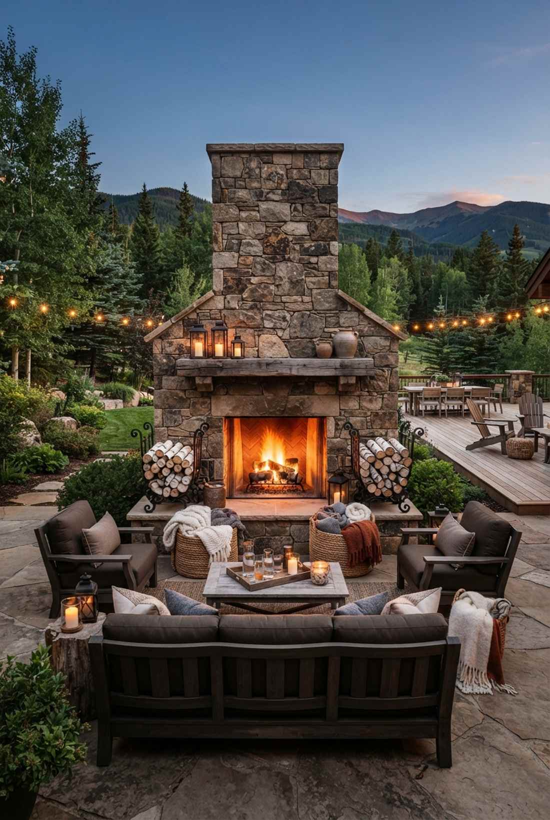 outdoor lounge with fireplace