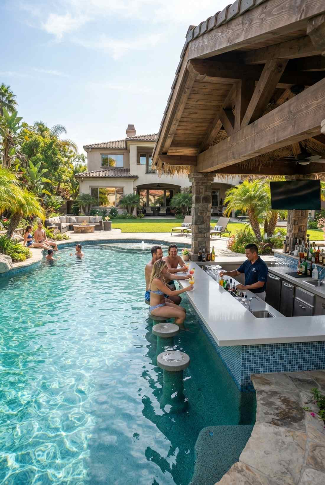 swim up bar with submerged seating