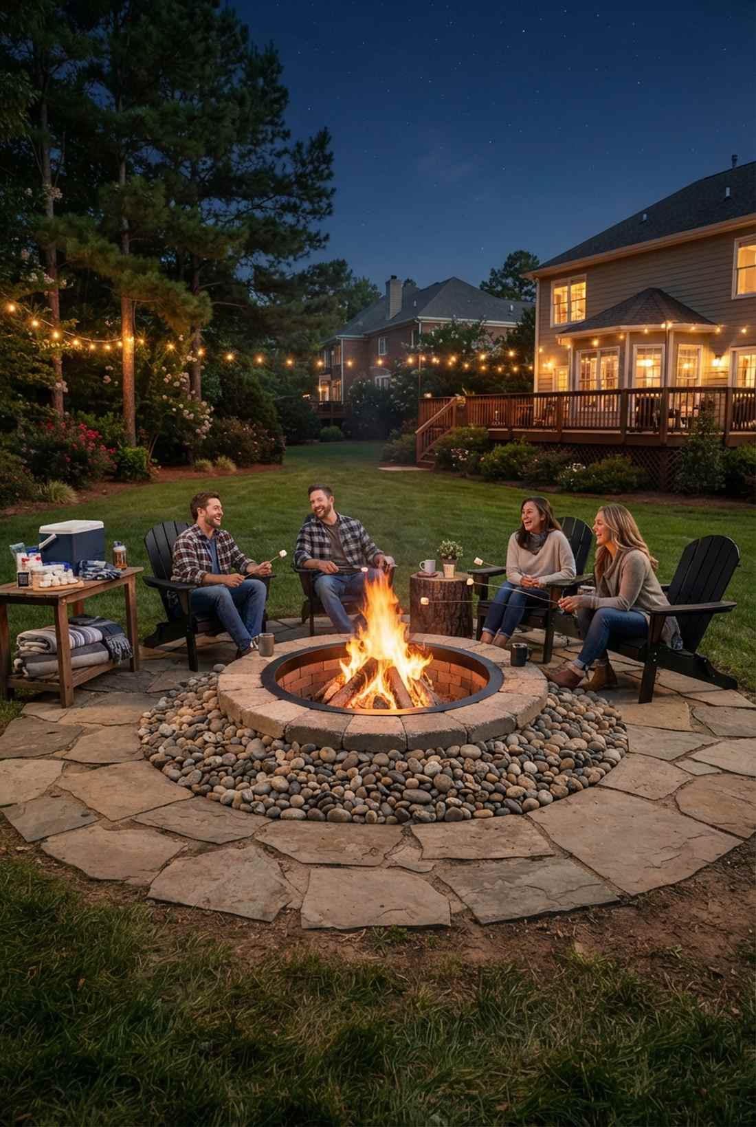 fire pit with beach stone surround