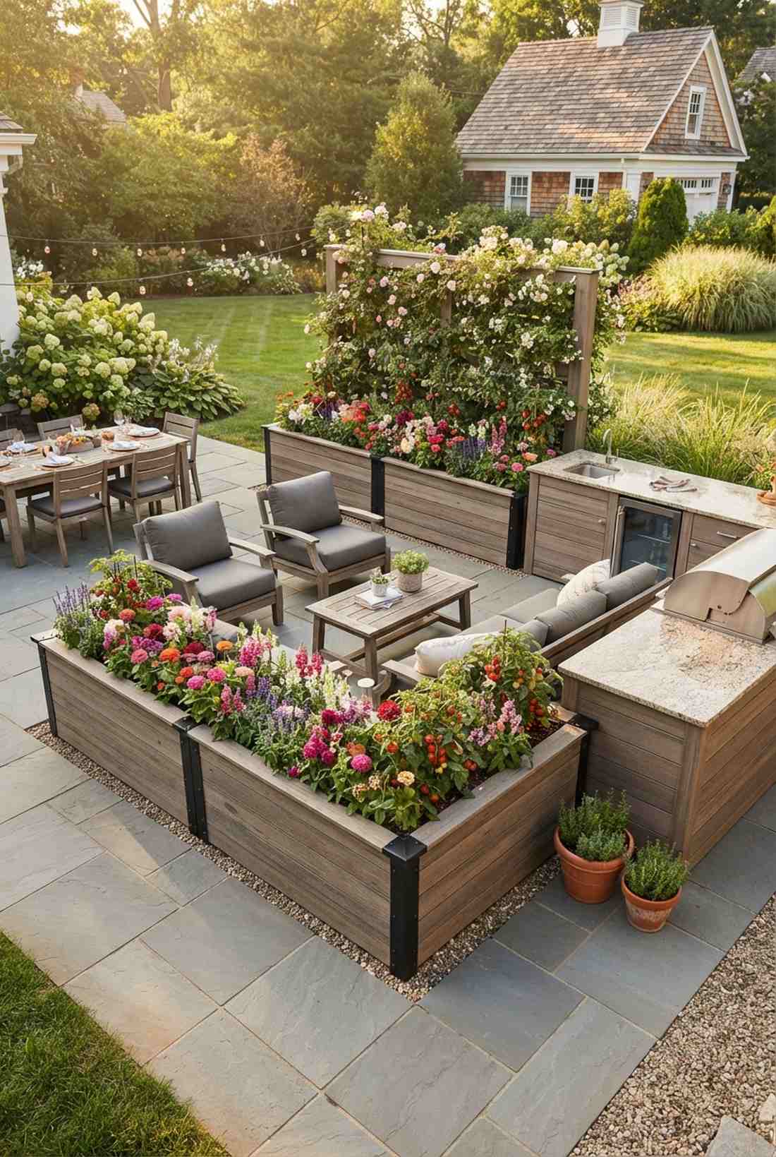 patio u shaped kitchen and cut flower bed