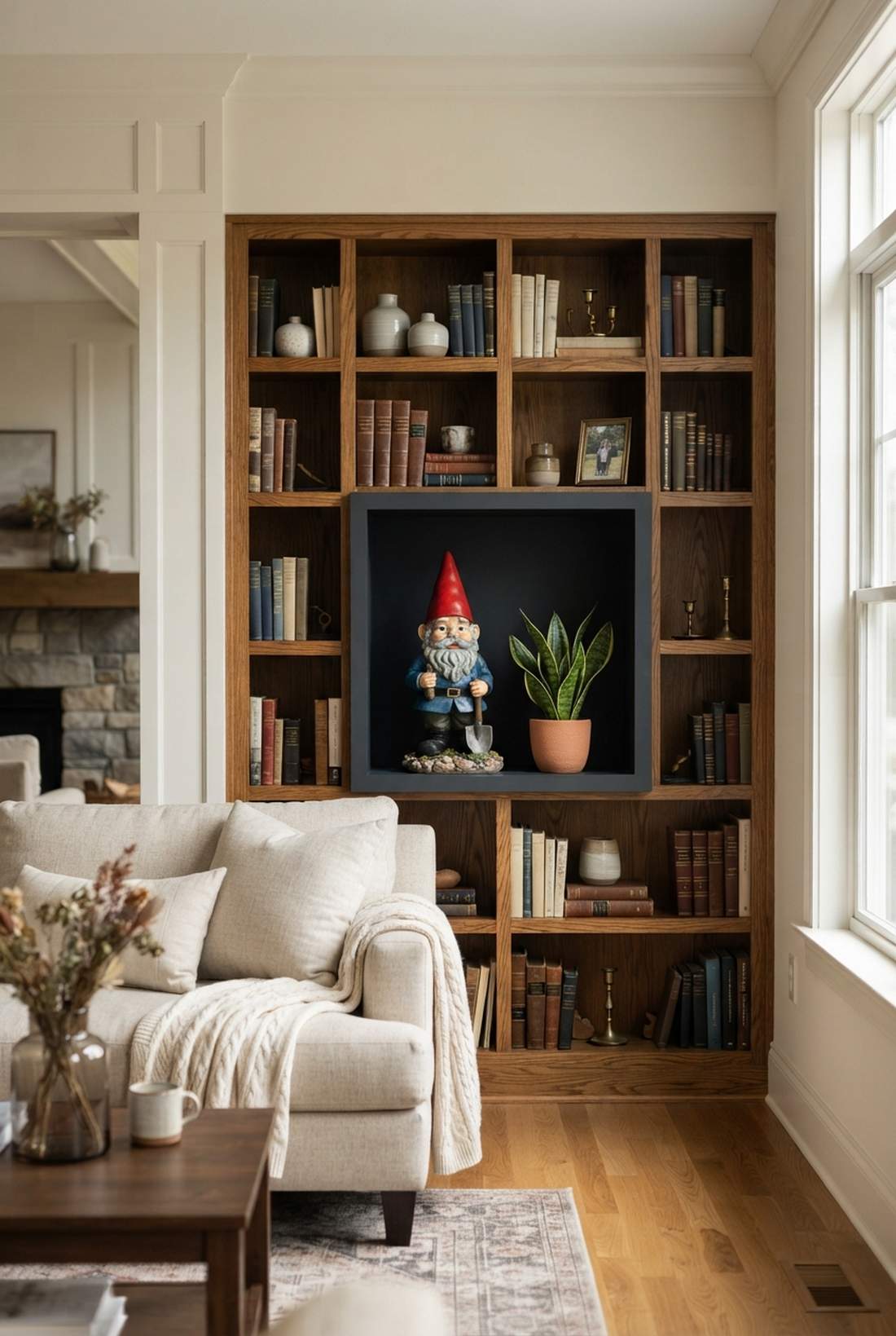 bookshelf shadowbox gnome vignette