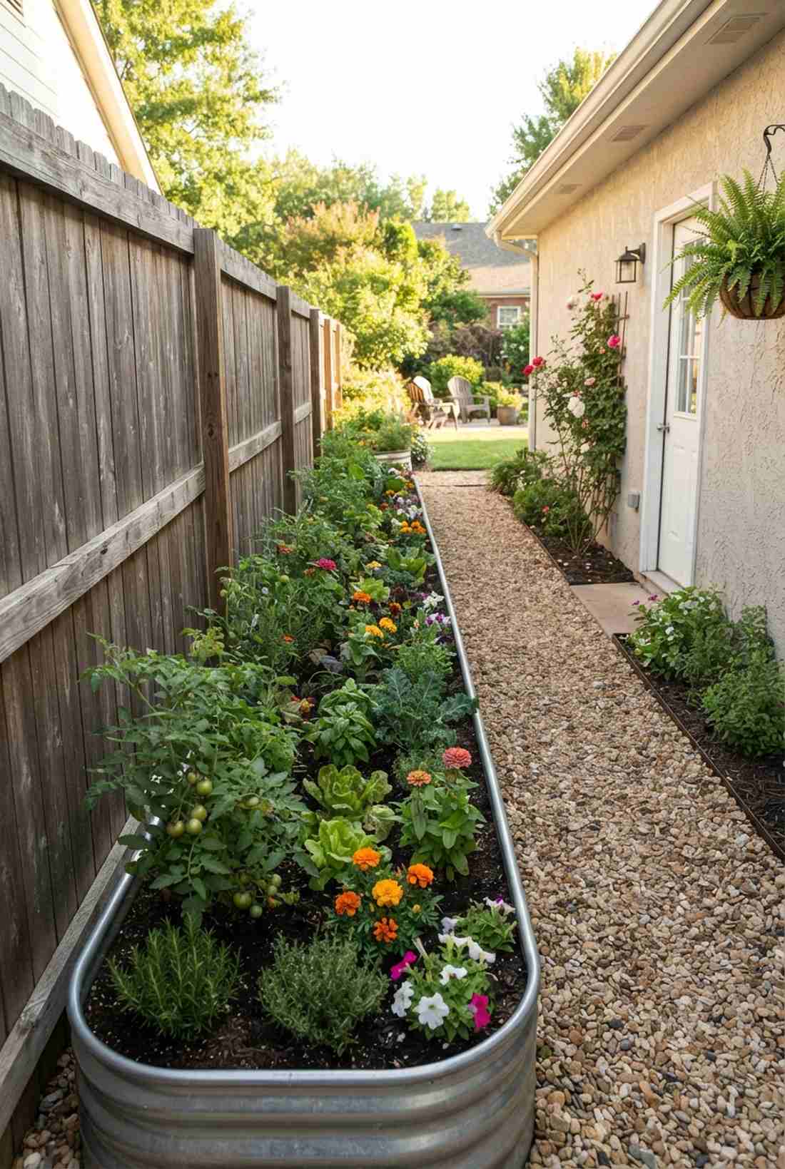 narrow side yard veggie and bloom run