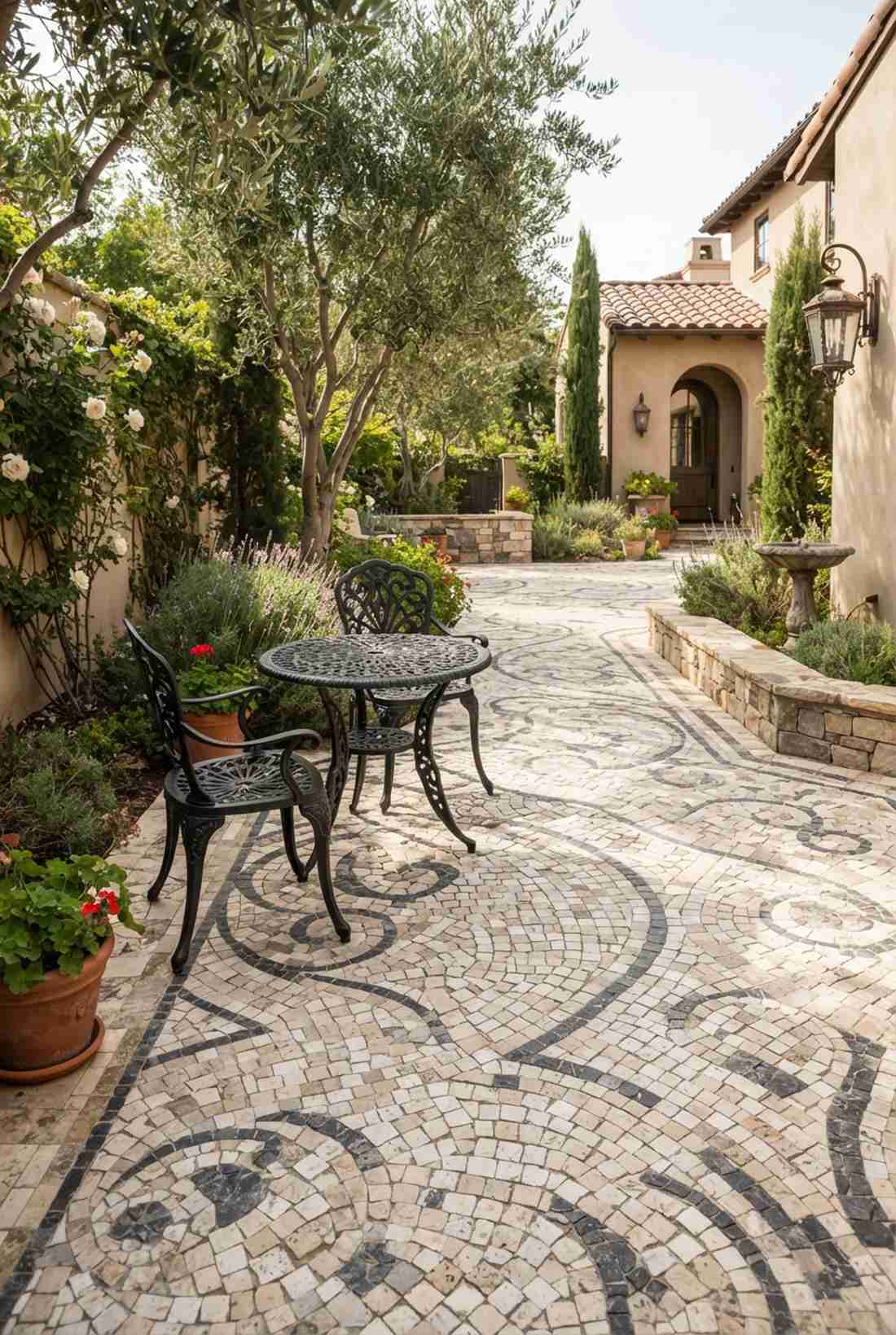 natural stone mosaic with wrought iron